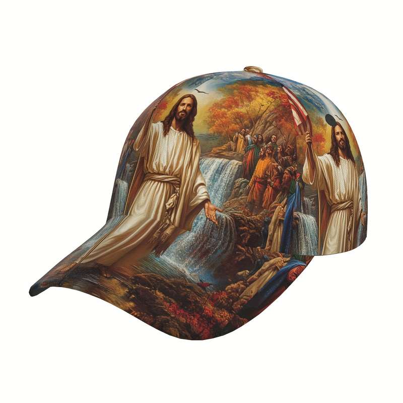1pc Adjustable Polyester Baseball Cap Jesus and American Flag Print Curved Brim Sports Running H