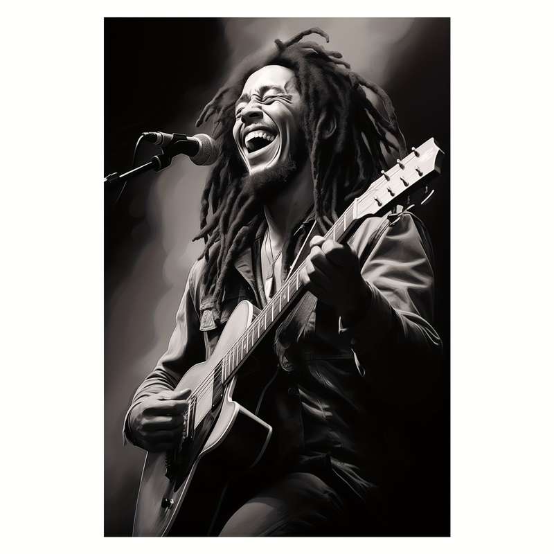 1pc 2D Flat  Frameless Bob Marley Guitar Portrait Canvas Wall Art Monochrome Music Icon Poste