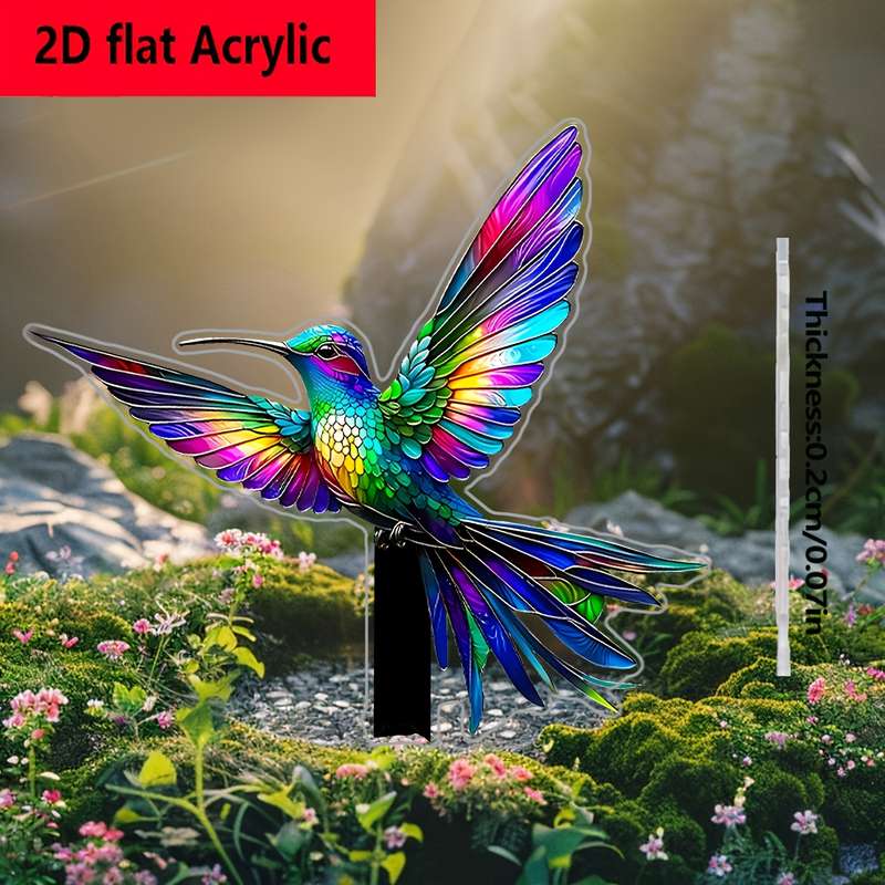 1pc 2D Flat  Acrylic Hummingbird Garden Decoration Vibrant Rainbow Feathers Classic Style No Bat