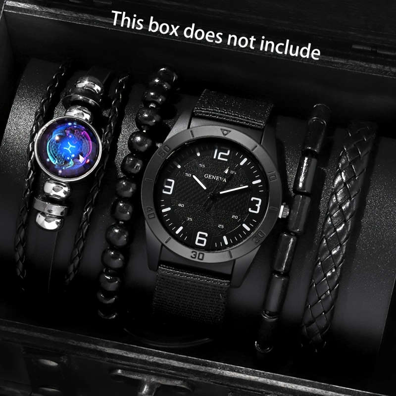 5pcs set Vintage Men'S Quartz Wristwatch Set Round Dial Alloy Case Canvas Strap PU Woven Rope Wooden