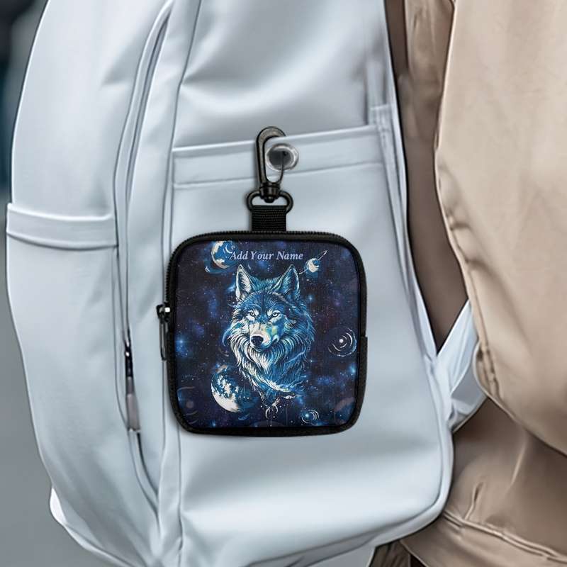 1pc Starry Arctic Wolf Coin Purse Customizable Name Black Polyester Mini Wallet with Keychai