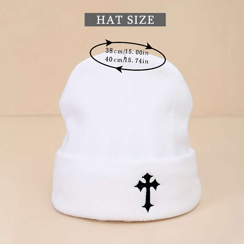 1pc 100% Acrylic Beanie Elastic Fit Embroidered Dark Cross Knit Beanie Unisex Thick Knitted Skul