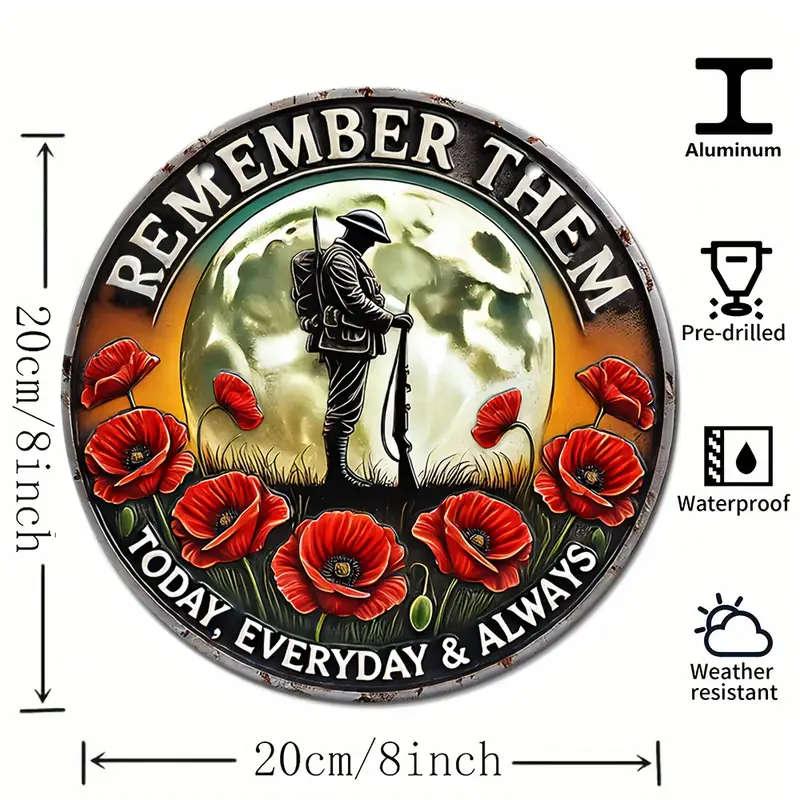 1pc Vintage Aluminum Remember Them Sign 20.32cmx20.32cm Patriotic Soldier Poppy Design Ideal for Man