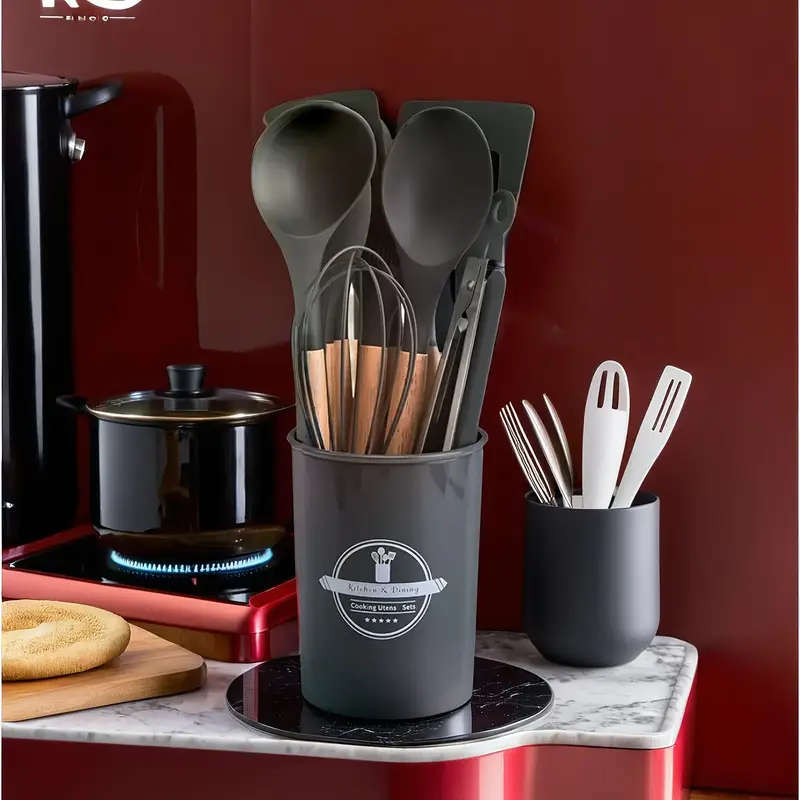 12pcs Silicone Kitchen Utensil Set with Wooden Handles Non-Stick Food-Safe Cooking Tools Washable Du