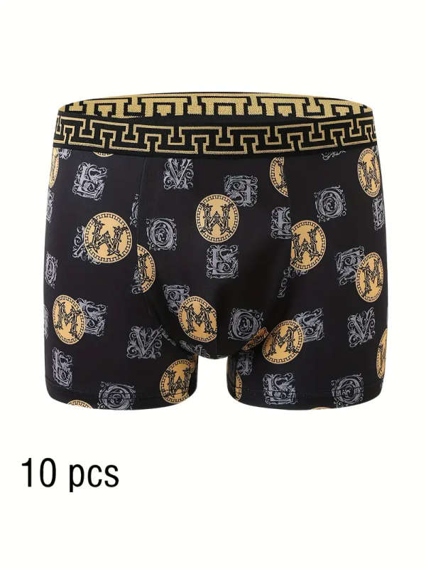 10pcs Men's Boxer Briefs Size M Black and Golden Print High Stretch Polyester Knit Fabric Quick-Dry
