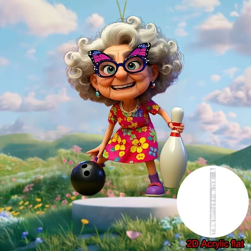 1pc 2D Flat   Acrylic Car Pendant Cute Grandma Playing Bowling Colorful Floral Dress Purpl