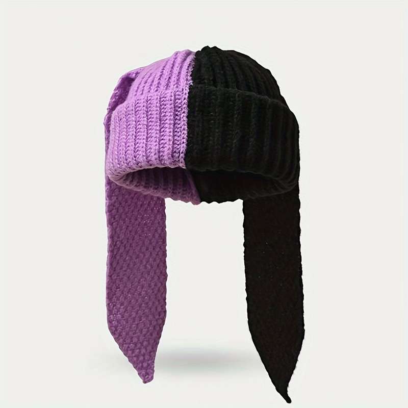 1pc Perfect Breathable Rabbit Ear Beanie Chic Colorblock Knit Rabbit Ear Beanie for Women Stret