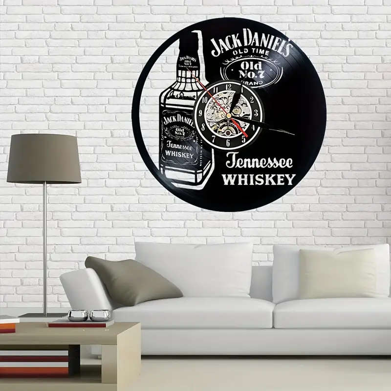 1pc Jack Daniels Vintage Whiskey Themed Silent Wall Clock Round Vinyl Record Design Battery Operated