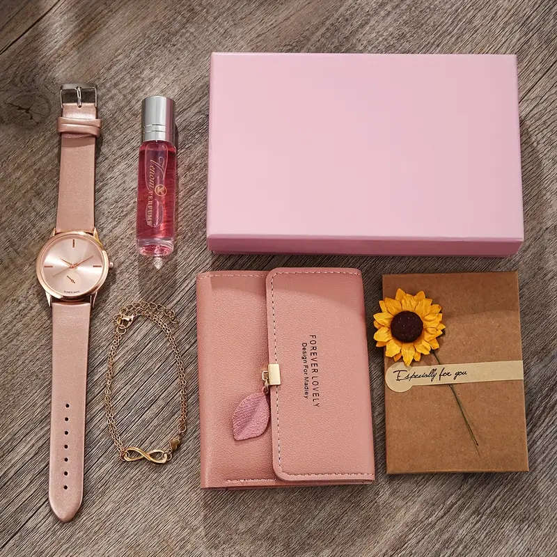 5PCS Minimalist Women's Gift Set Faux Leather Wallet with Snap Closure Leather Lining Matching Watch
