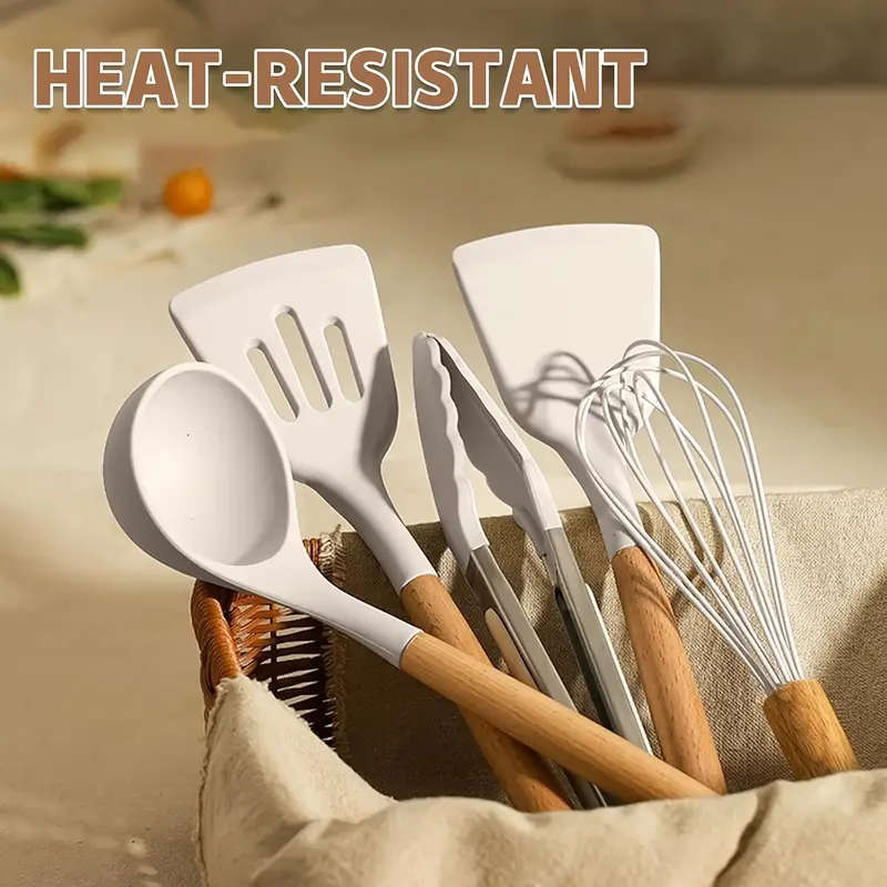 12Piece Silicone Cooking Utensil Set with Wooden Handles and Storage Bucket Non-Stick Kitchen Spatul