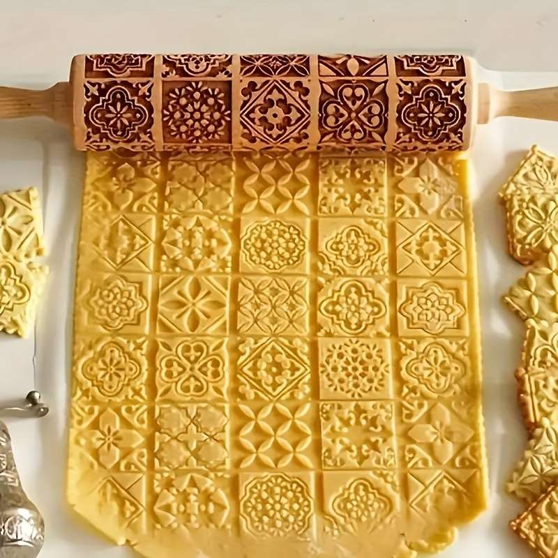 1pc Wooden Embossing Rolling Pin 13.77"x1.77" Christmas Halloween Printed for Pizza Pies