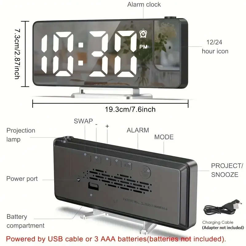 1pc Modern LED Digital Alarm Clock with Projection Temperature Display USB Powered Plastic Rectangle