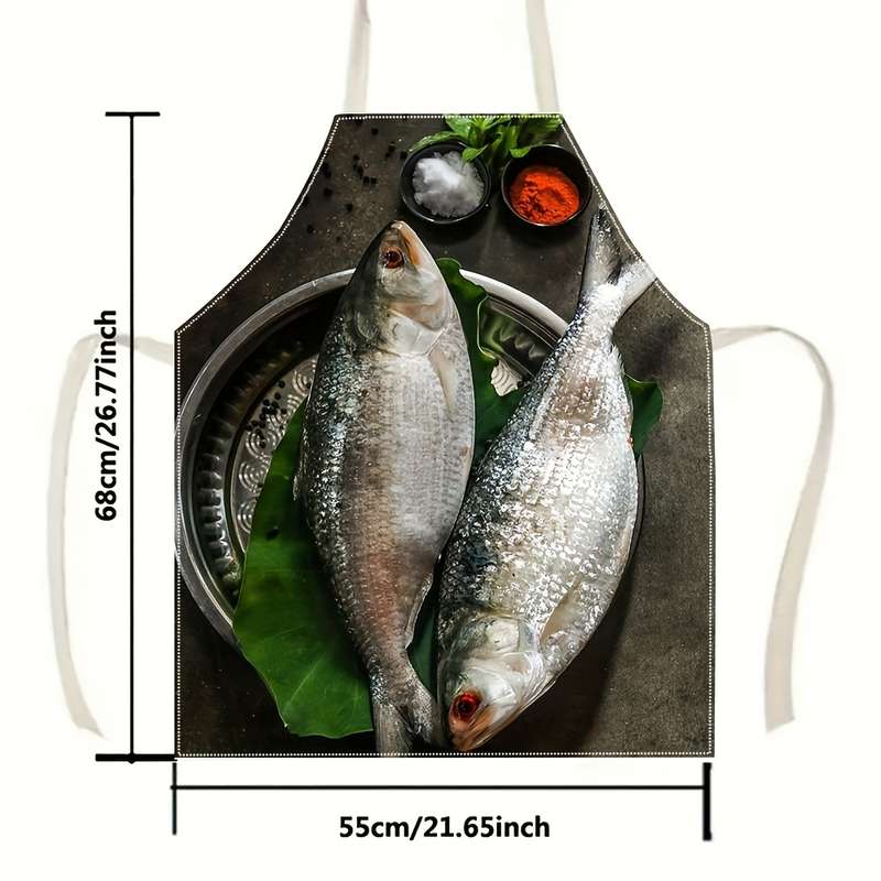 1pc Linen Chef Apron with Fish Design Durable Woven Kitchen Apron for Cooking and Gardening E