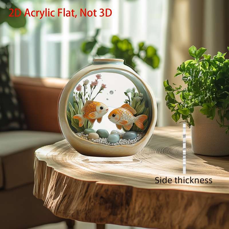 1pc 2D Flat   Bohemian Style Goldenfish Aquarium Acrylic Art Desktop Decor with Base Perfect fo