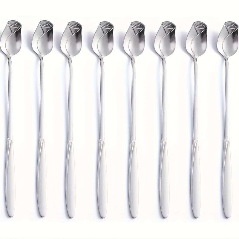 8pcs High-Quality Stainless Steel Rose Flower Spoon Fashionable Design 6.77-inch Long Handle