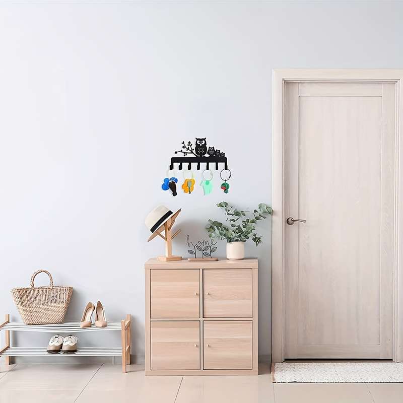 1pc Owl-Themed Metal Key HolderContemporary Black Wall-Mounted Rack with 5 Hooks for Easy Organiz