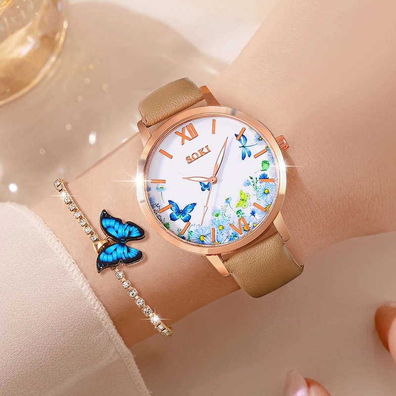 5pcs set Women'S Butterfly Jewelry Set with Quartz Watch Includes Necklace Earrings Bracelet Watch w