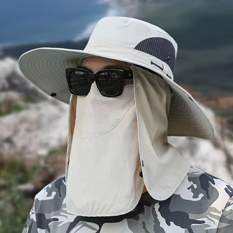 1pc of Taslon Sun Hat Fisherman Hat Large Round Hat Foldable with Detachable Mask Anti-Ultrav