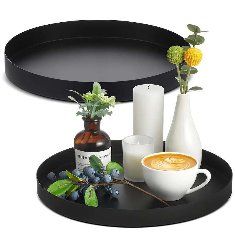 1pc Modern Black Round ABS Tray with Candle Holder Stylish Farmhouse Decor Suitable for Home Ki