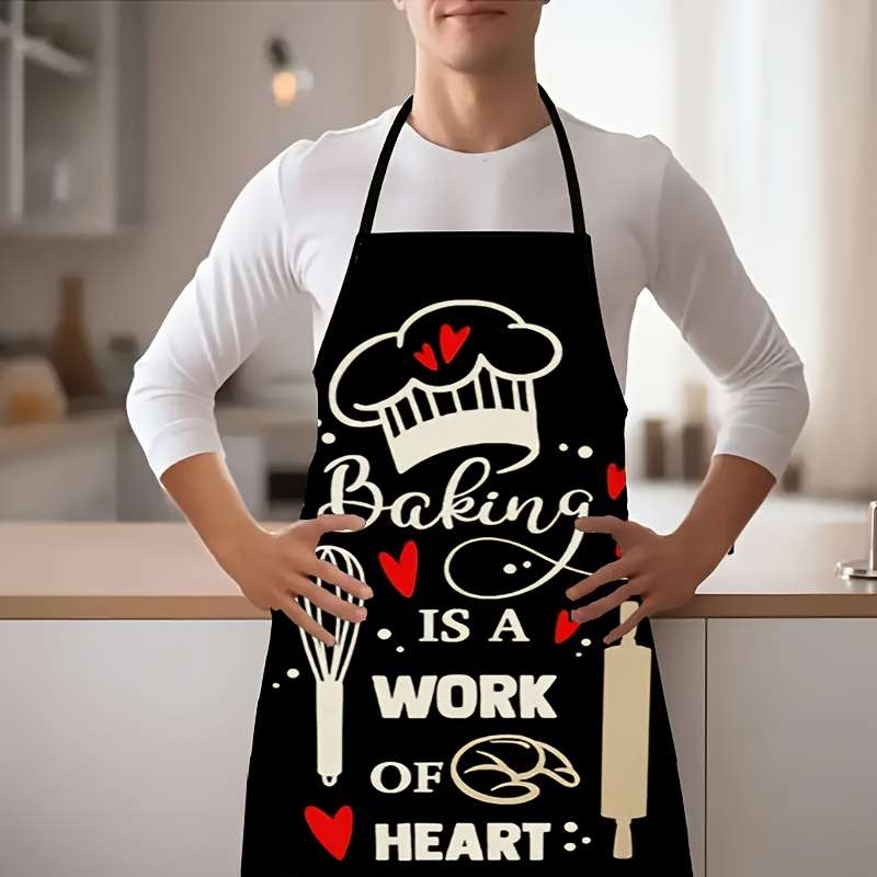 1pc "Baking Is A Work Of The Heart" Polyester Apron for Home Outdoor BBQ Party Cleaning with