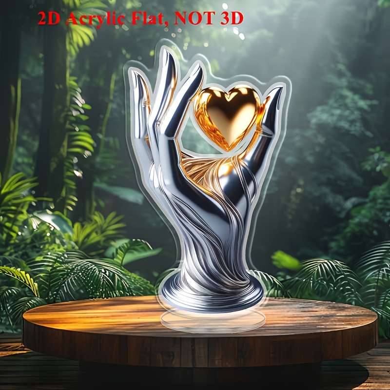 1pc 2D Flat  Luxurious  Acrylic Hand Holding Heart Decorative Sculpture Glossy Metallic Finish
