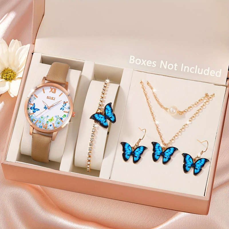 5pcs set Women'S Butterfly Jewelry Set with Quartz Watch Includes Necklace Earrings Bracelet Watch w