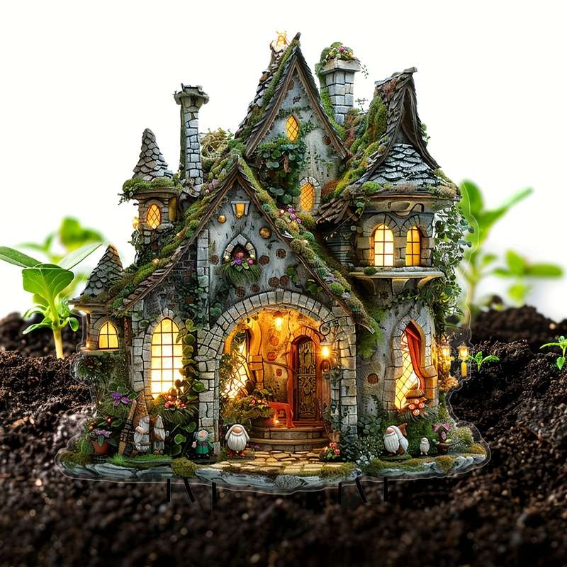 1pc 2D Flat   Enchanted Fairy Tale Cottage Garden Planter Rustic  Acrylic Outdoor Deco