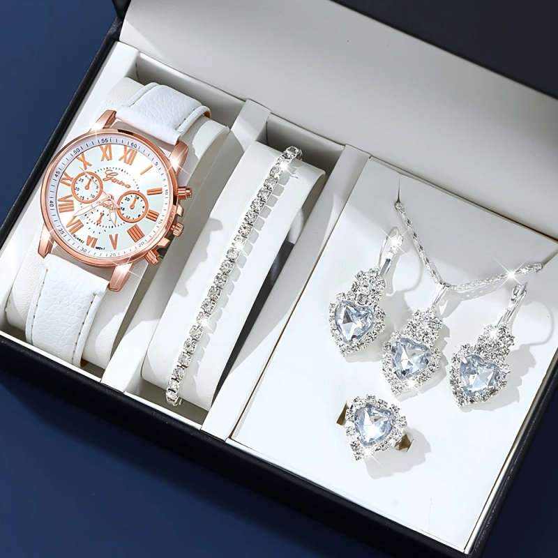 1set Elegant Quartz Wrist Watch and Jewelry Set with Shock-Resistant Round Analog-Digital Display PU