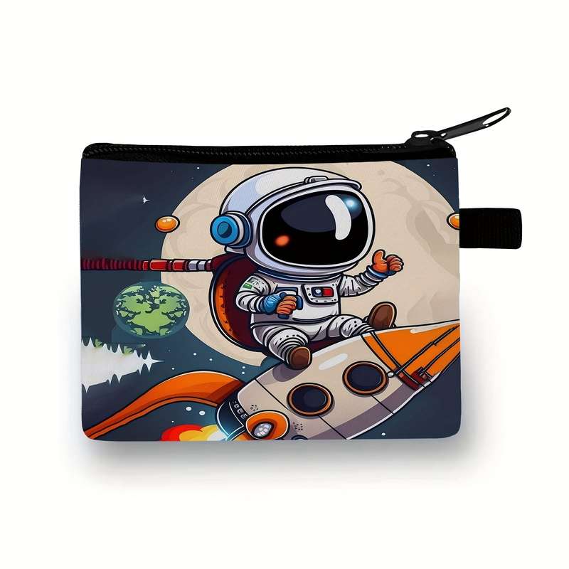1pc Cool Astronaut Zero Wallet Durable Polyester Pouch with Vibrant Cartoon Design Hand Washable