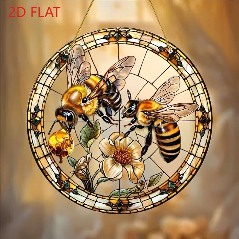 1pc 2D Flat  20.32cm Acrylic Bee and Flower Stained Glass-Style Suncatcher Vibrant Wall Hanging D