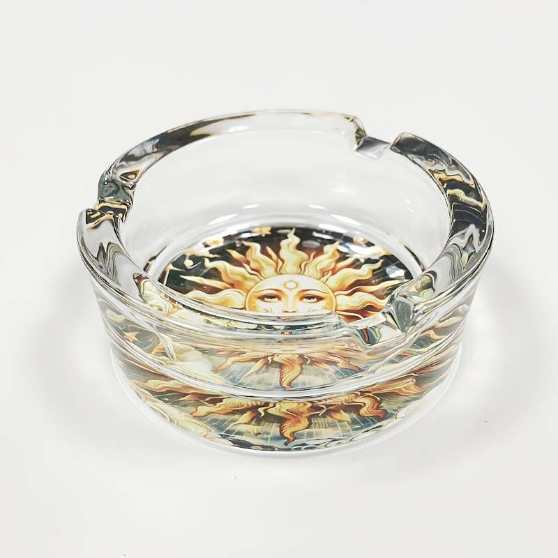 1pc Elegant Sun Moon Design Glass Ashtray Round Stained Glass Artwork with Golden Sun Tranqu