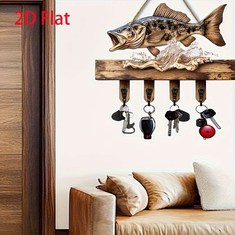 1 2D Jumping Fish Hook Decorative Rack Simple Colorful Wooden Home Key Hanger with Four Metal Hooks