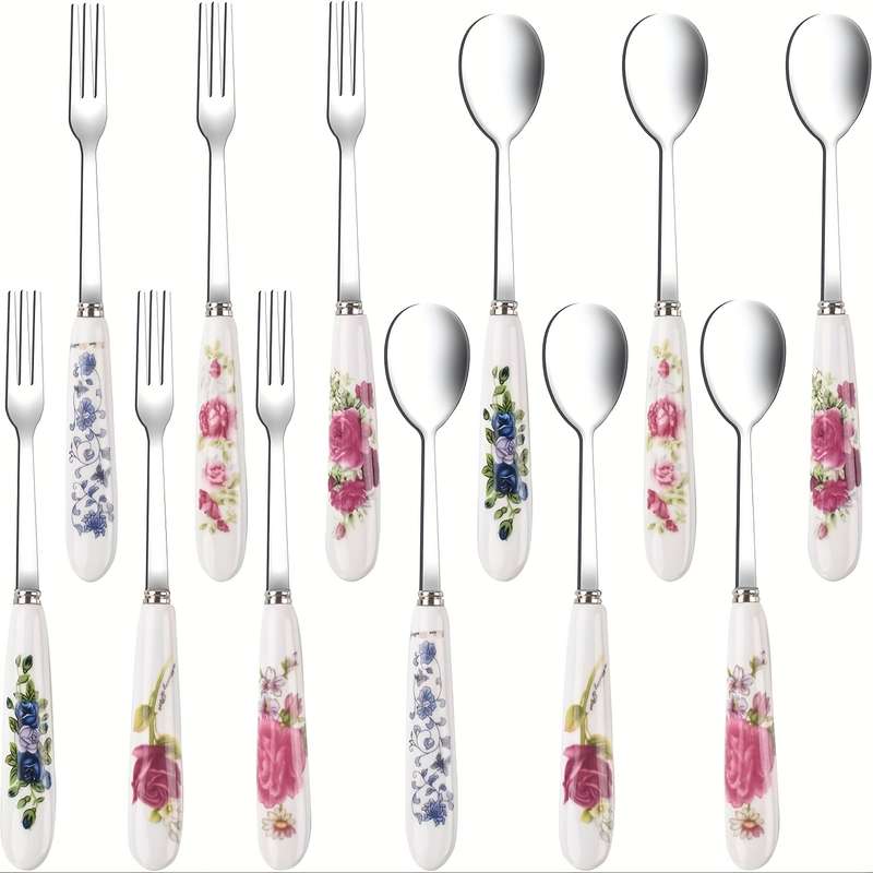 12pcs floral printed ceramic handle stainless steel tableware set polished surface tableware