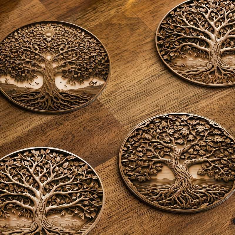 4pcs Tree of Life Wooden Trivet Set Heat Resistant Pot Holder Round Non-Slip Coasters for Ki