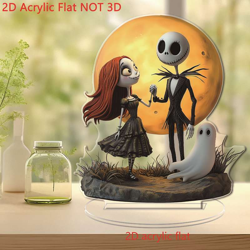 1pc 2D Flat  Jack and Sally  Acrylic Desktop Decor Artistic Flat Figure Display with Moonlit Ba