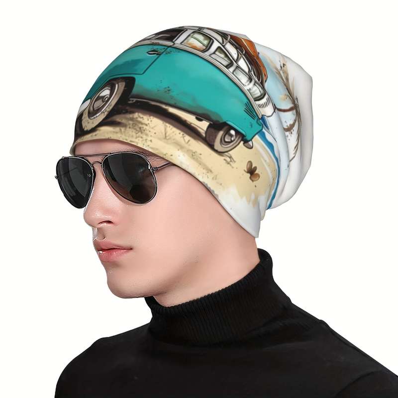 1pc Funky Beach Bus Palm Tree Design Beanie Hat Soft Lightweight Polyester Blend Perfect