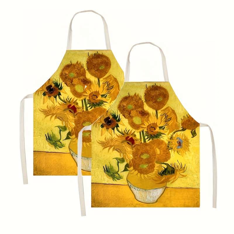 1pc Sunflower Pattern Linen Apron 100% Linen Woven Fabric 150 gsm Weight Creative Kitchen Co