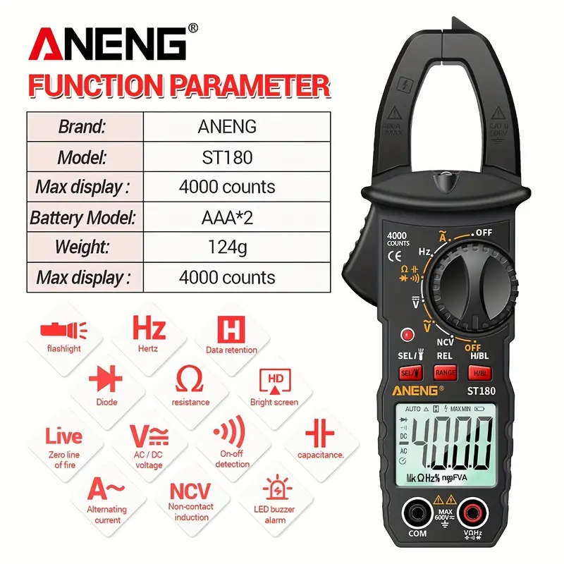 1pc ST180 4000 Counts Digital Clamp Multimeter High Precision AC DC Voltage Current Resistance