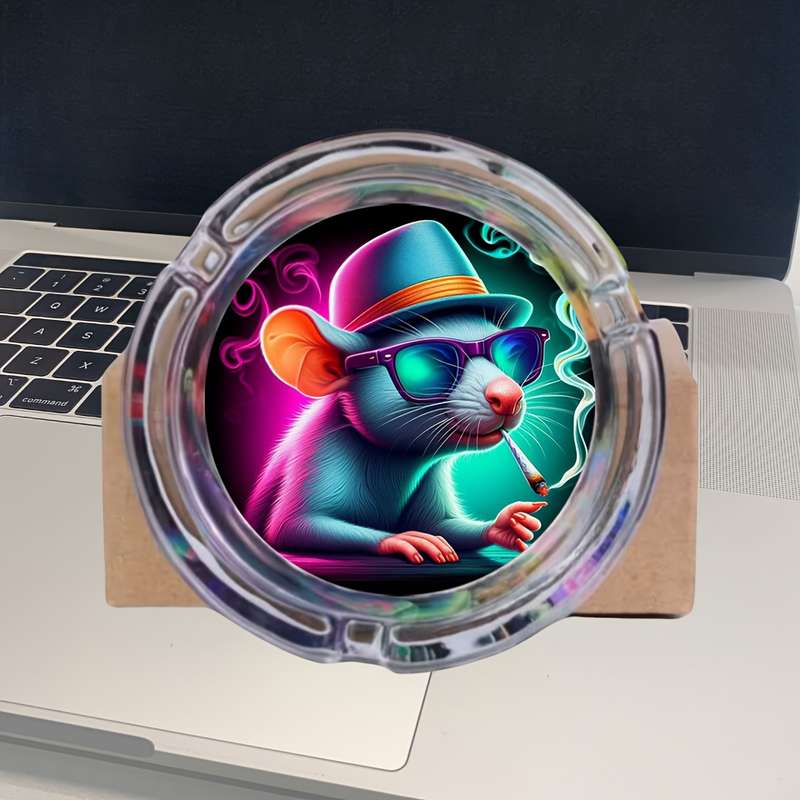 1pc Whimsical Rat Design Glass Ashtray Round Vibrant Blue Pink Artwork with Glasses Hat