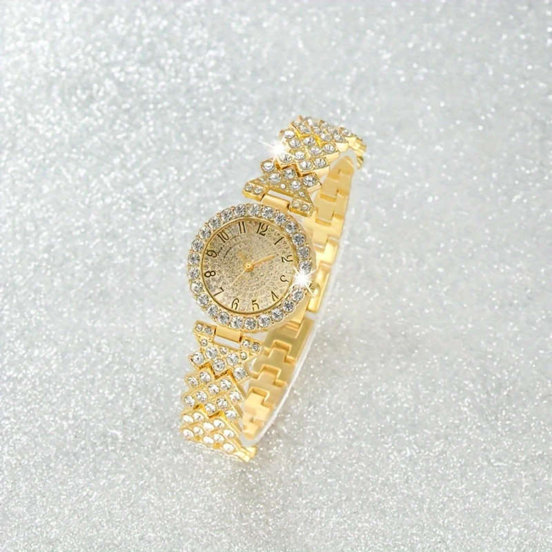 2pcs set Elegant Rhinestone Watch Stainless Steel Fashion Minimalist Luxury Full Rhinestone Bracelet
