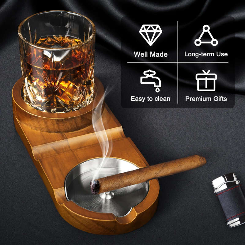 1pc Vintage Wooden Cigar Ashtray with Whiskey Glass Tray Detachable Indoor Outdoor Use Perfect Gift