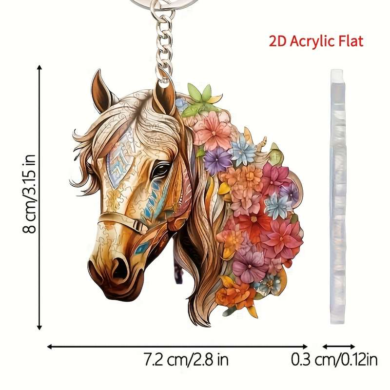 1pc 2D Flat  Acrylic Horse Keychain with Vibrant Floral Design Durable Fashion Backpack Pendant Ch