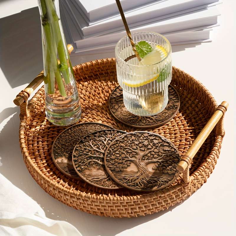 4pcs Tree of Life Wooden Trivet Set Heat Resistant Pot Holder Round Non-Slip Coasters for Ki