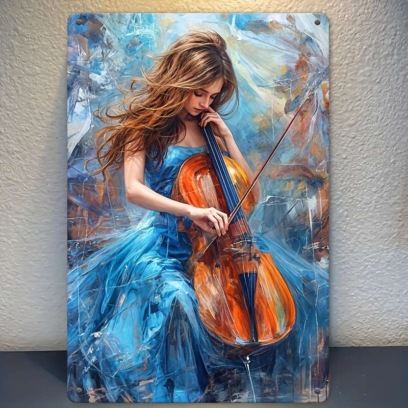 1pc 2D Flat Iron Wall Art Logo Cello Artist Blue Dress Woman Music Studio Art Music Student Gif