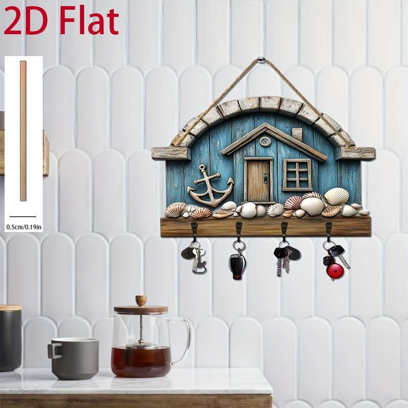 2D Flat 1pc Seaside Shell Cabin Simple Colorful Wooden and Home Key Hanger with Four Metal Hooks 2