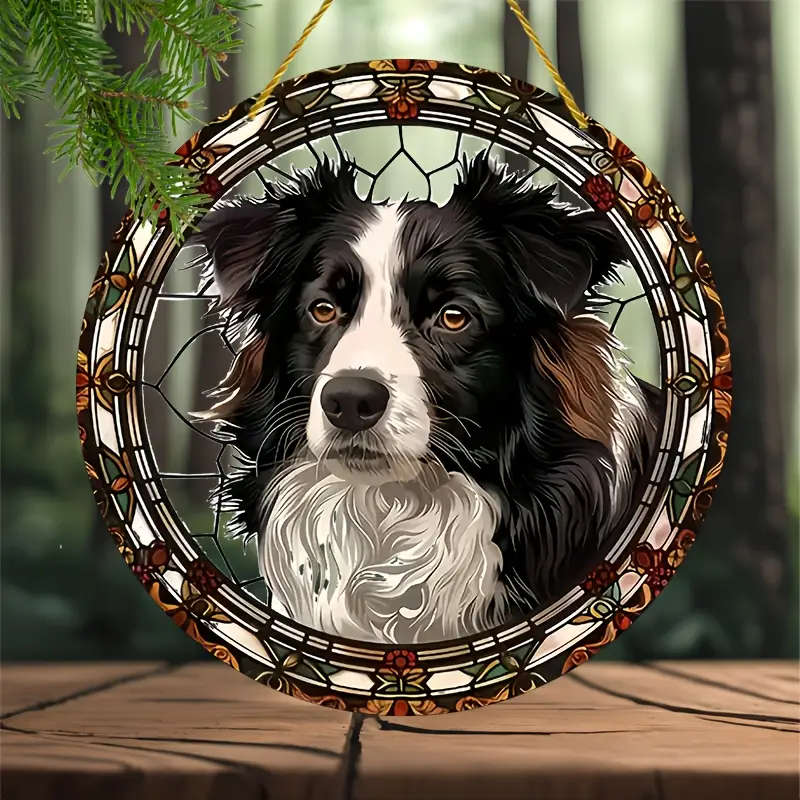 1pc Border Collie Stained Glass Window Sun Catcher Classic Acrylic 20.32x20.32cm Round Wall Hanging