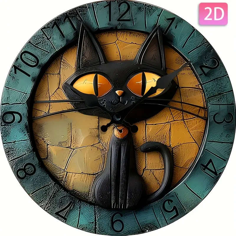 1pc Black Cat Silent Wall Clock Digital Wood Display Round Shape AA Battery Operated Non-Ticking Dec