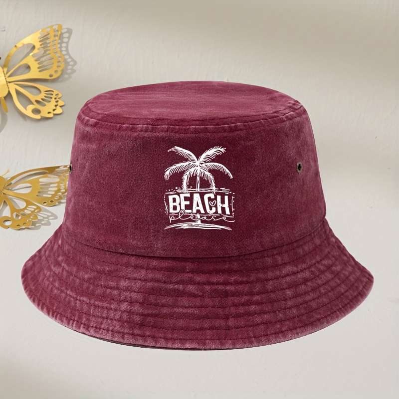 1pc Vintage Washed Grey Beach Bucket Hat with Palm Tree Print Unisex Sun Protection Fisherman Cap