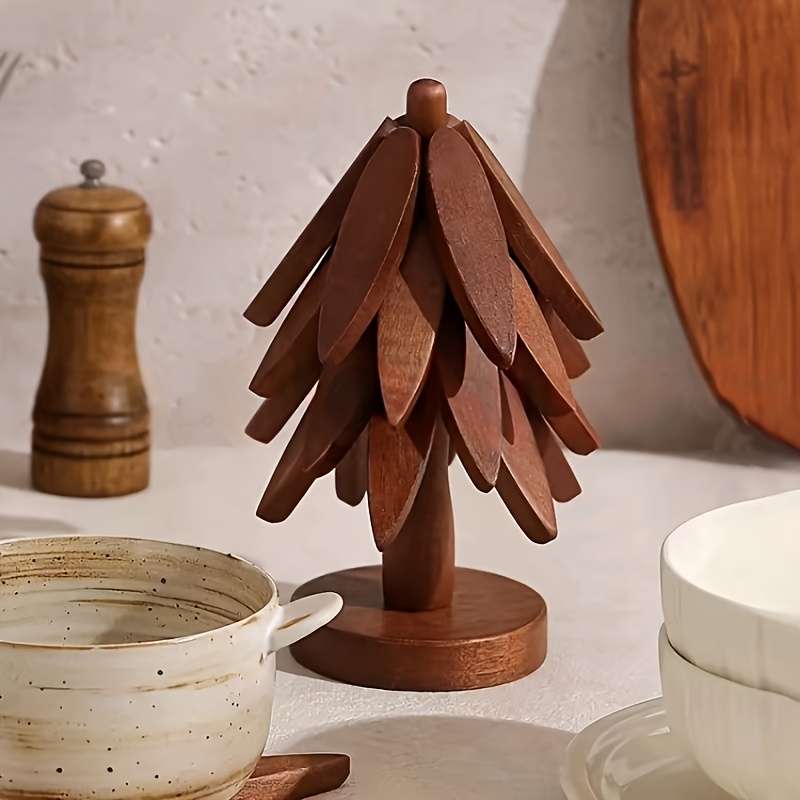 4pcs Heat Resistant Table Mats Wooden Walnut Coasters Creative Tree Shaped Insulation Set Kit