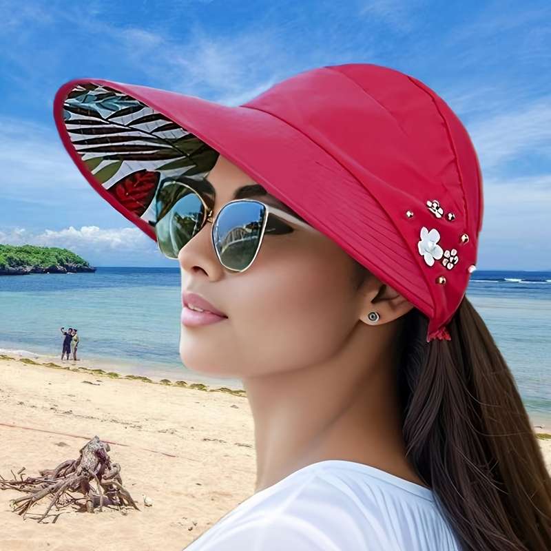 1pc Trendy Beaded Flower Visor Hats Solid Color Foldable UV Protection for Women Outdoor Summe
